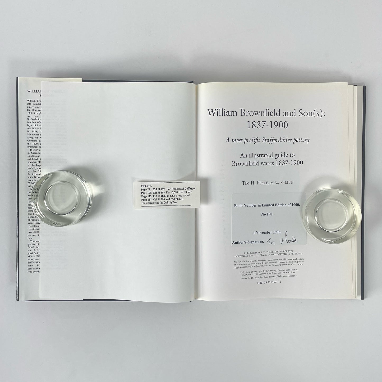 William Brownfield And Son(s), An illustrated guide to Brownfield Wares 1837-1900, Signed; Peake, Tim H